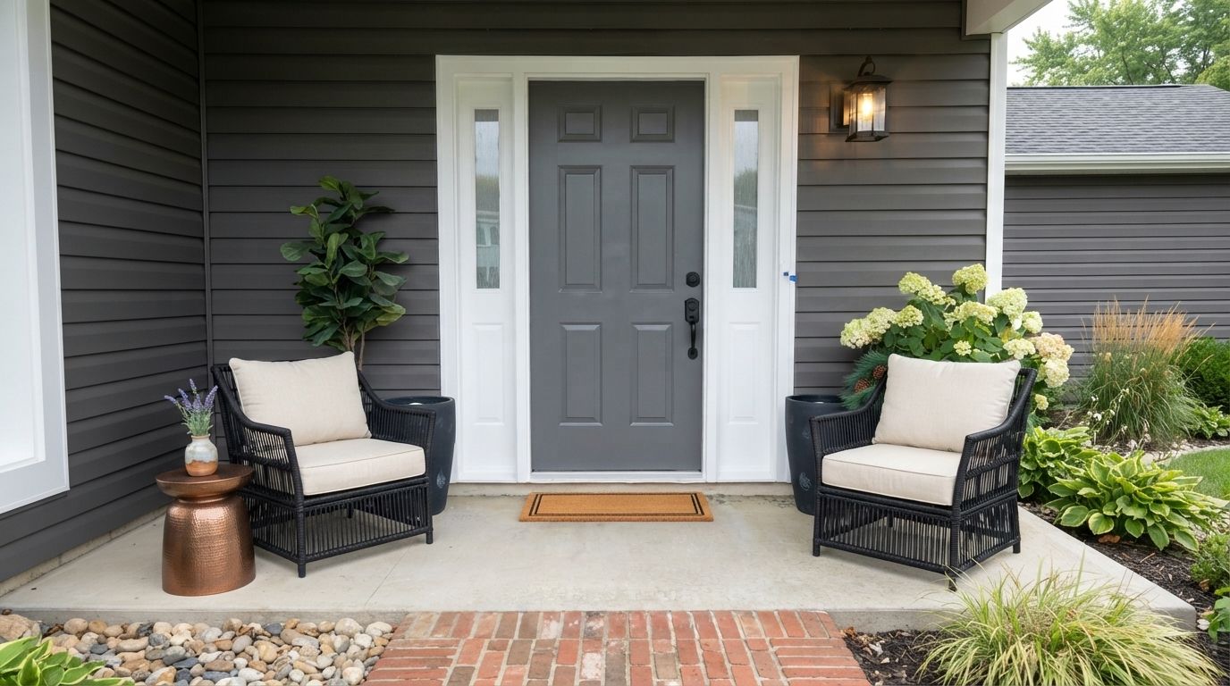 Front porch with gray door, white trim, two black chairs, and potted greenery.