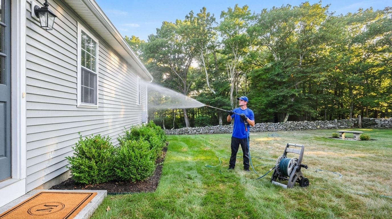 Person spraying water from a hose beside a gray house on a grassy lawn.
