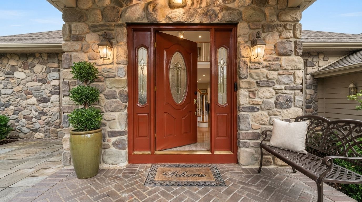 Front entrance with a red wooden door set in a stone facade, flanked by potted greenery and a bench