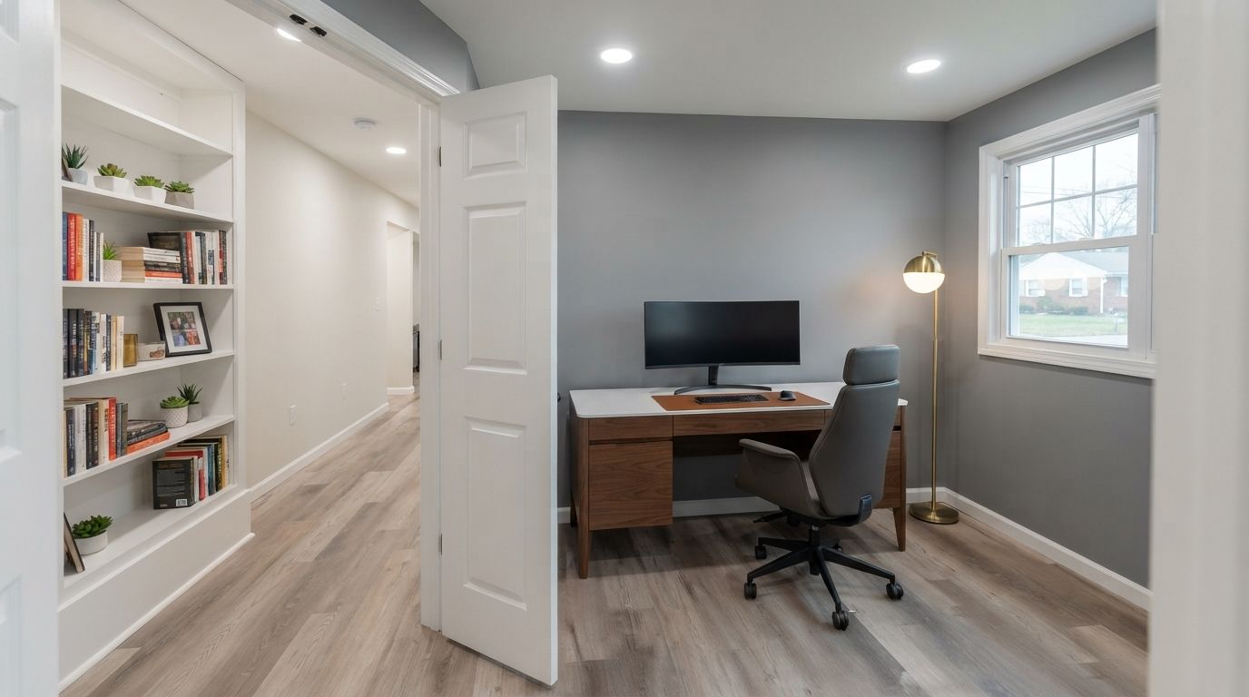 Home office with desk, computer, gray walls, white bookshelf, and window