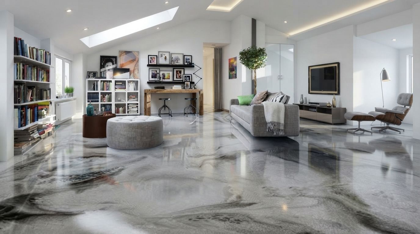 Modern living room with glossy marbled floor, gray sofas, bookshelves, and large windows.