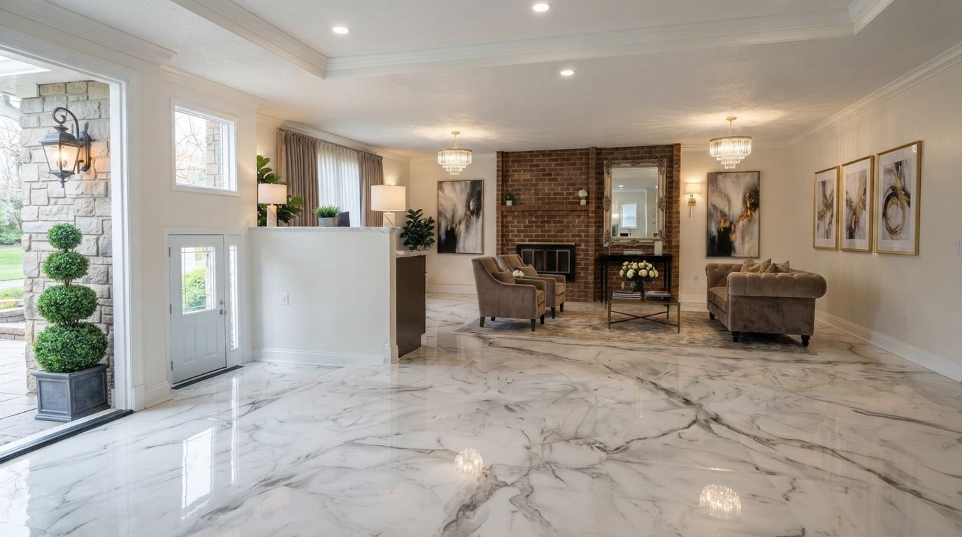 Bright modern living room with marble floors, white walls, and tan sofas near a fireplace