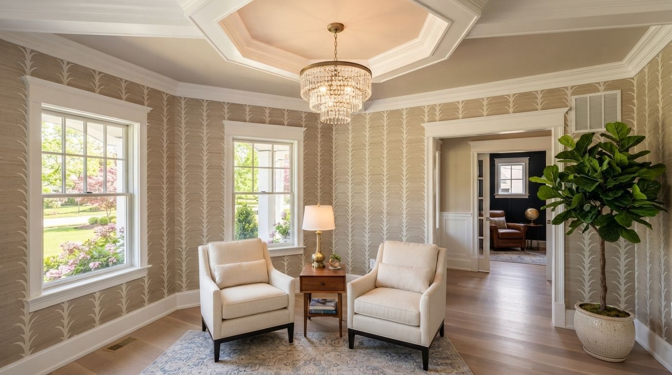 Elegant sitting room with two cream chairs, chandelier, bay windows, and a potted tree