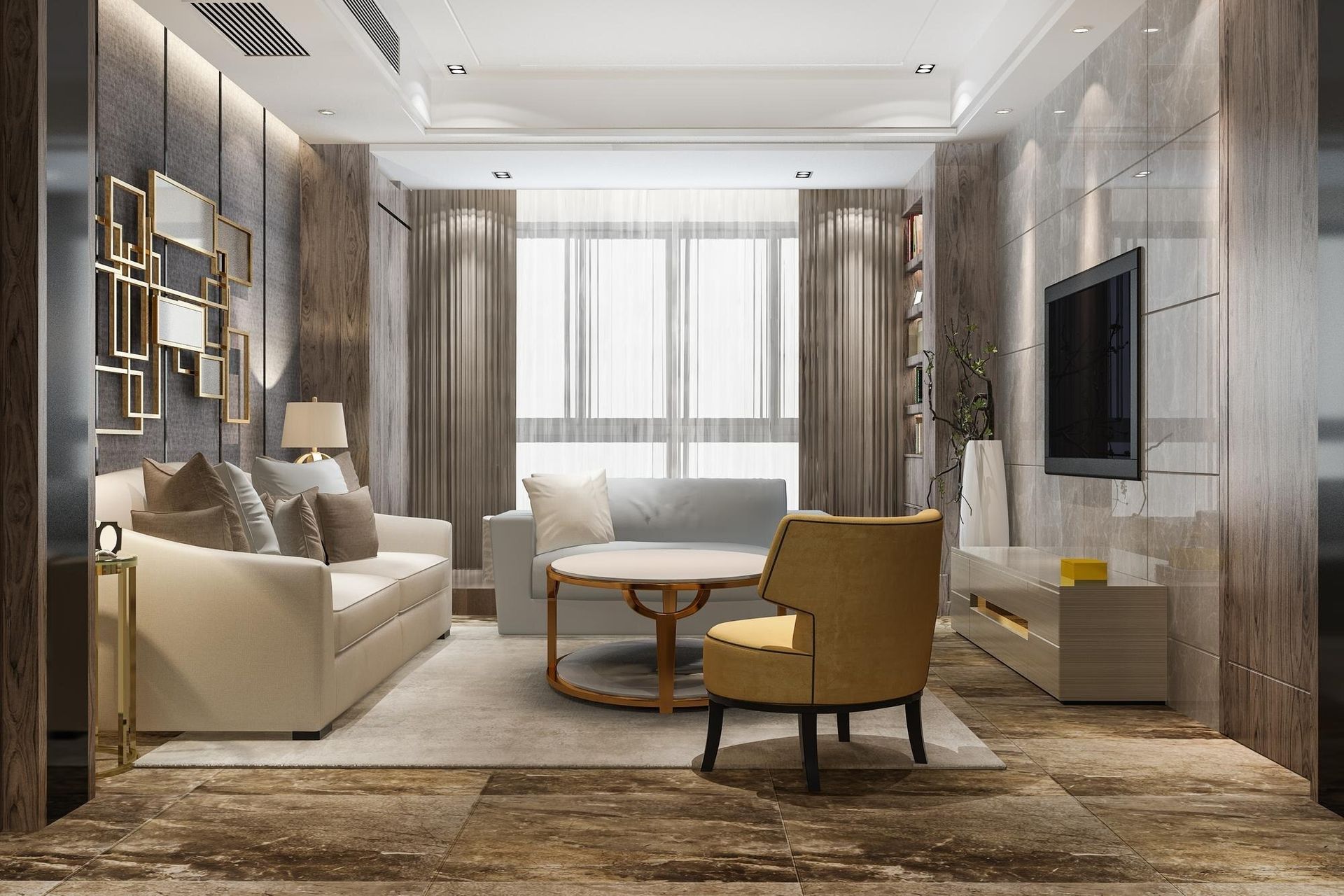 Modern living room with beige sofa, mustard chair, marble walls, and large window