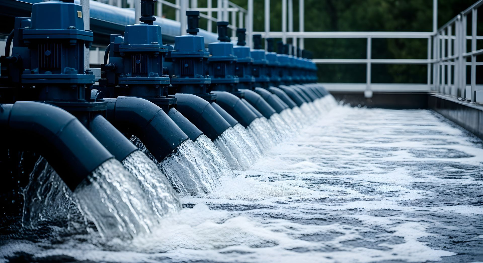 Industrial water treatment plant with multiple pipes and machinery.