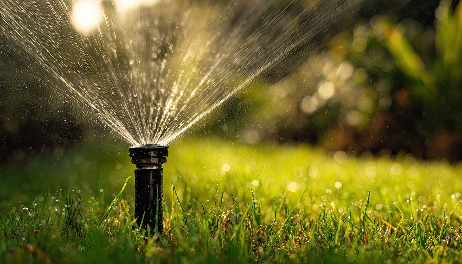 A sprinkler head spraying fine droplets of water over dew-covered green grass in warm golden light. A sprinkler head spraying fine droplets of water over dew-covered green grass in warm golden light.