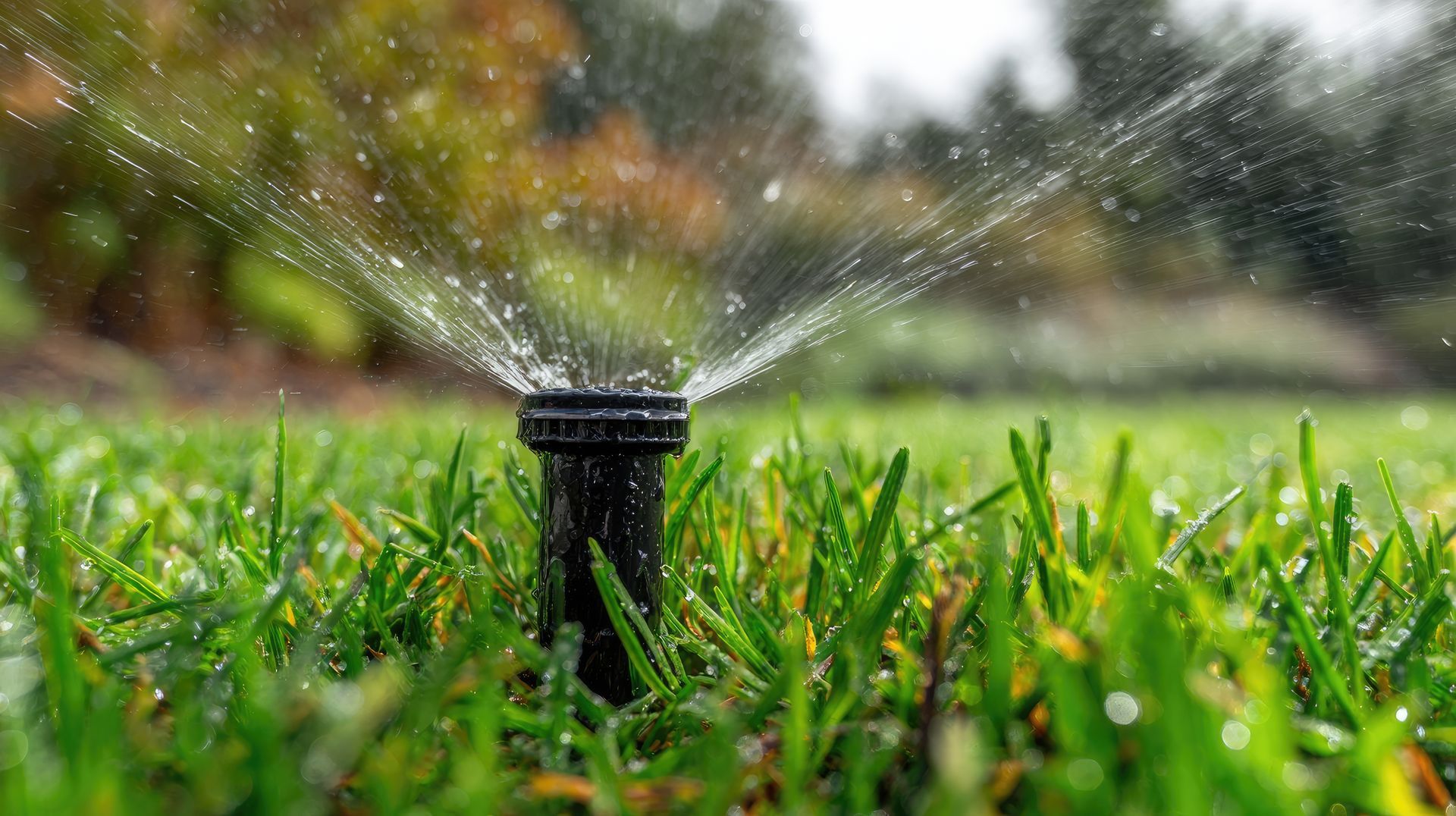 Close-up of a black pop-up irrigation head spraying fine water droplets across the green lawn grass.