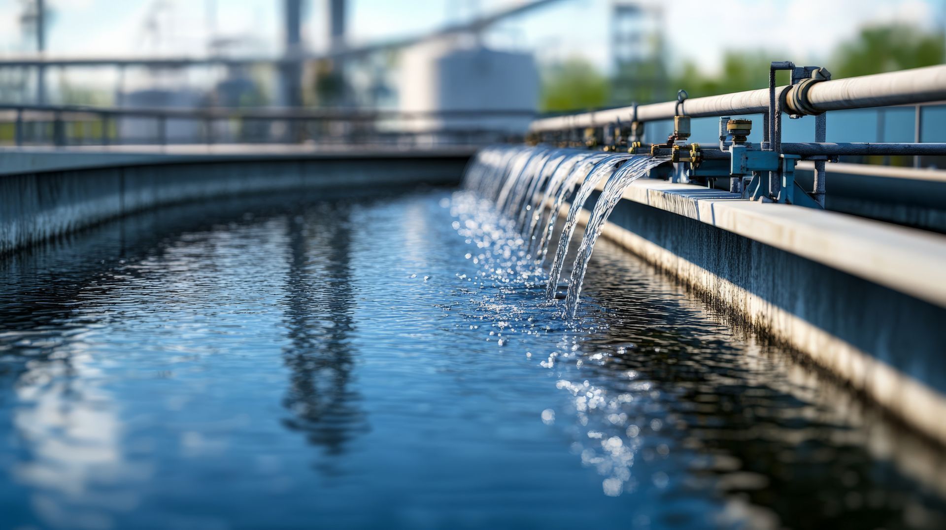 Water flows over a weir into a basin at a treatment facility, piping visible in the background.