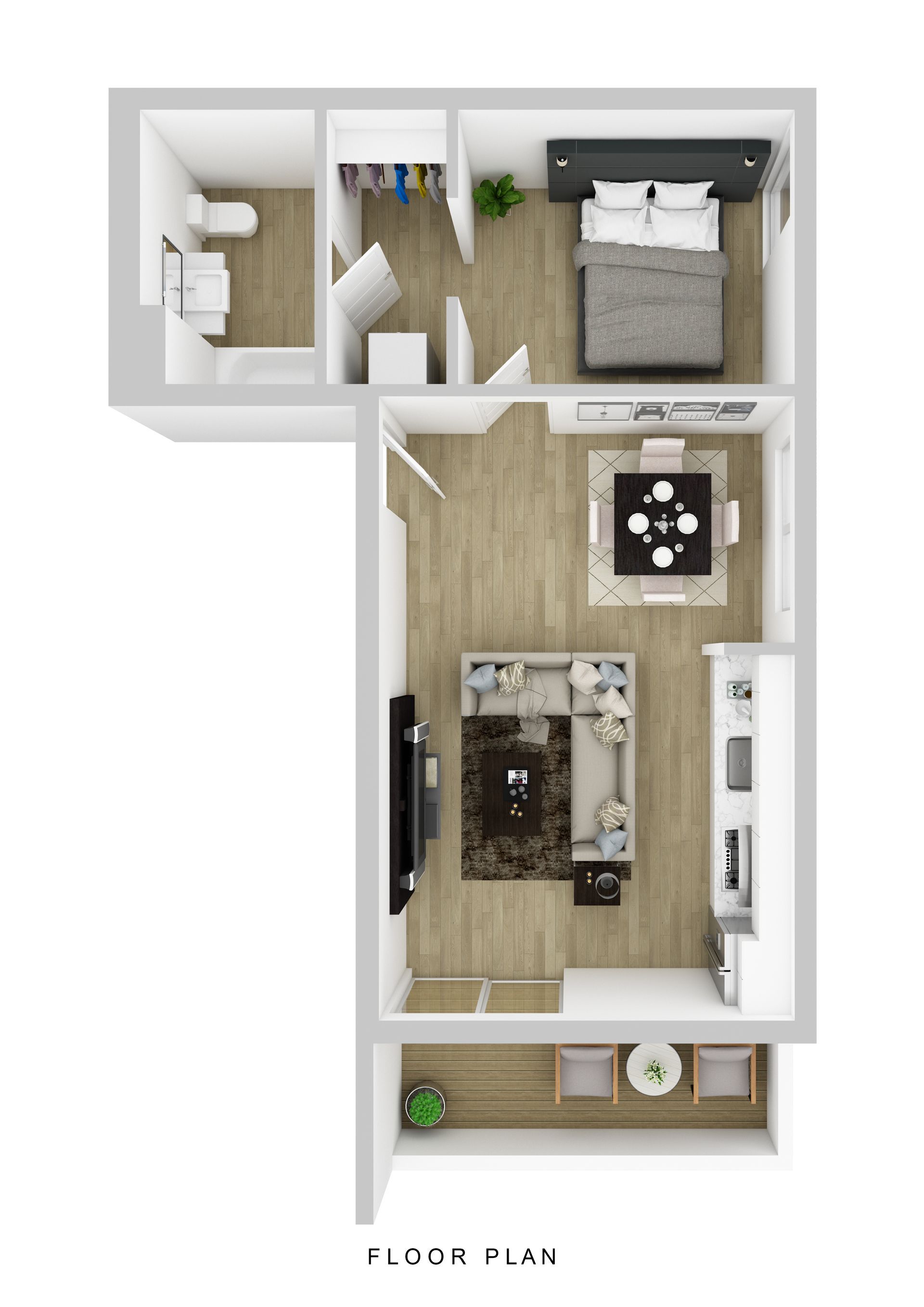 A 3D floor plan of a one-bedroom apartment with a living room, dining area, kitchen, bathroom, bedroom, and balcony.