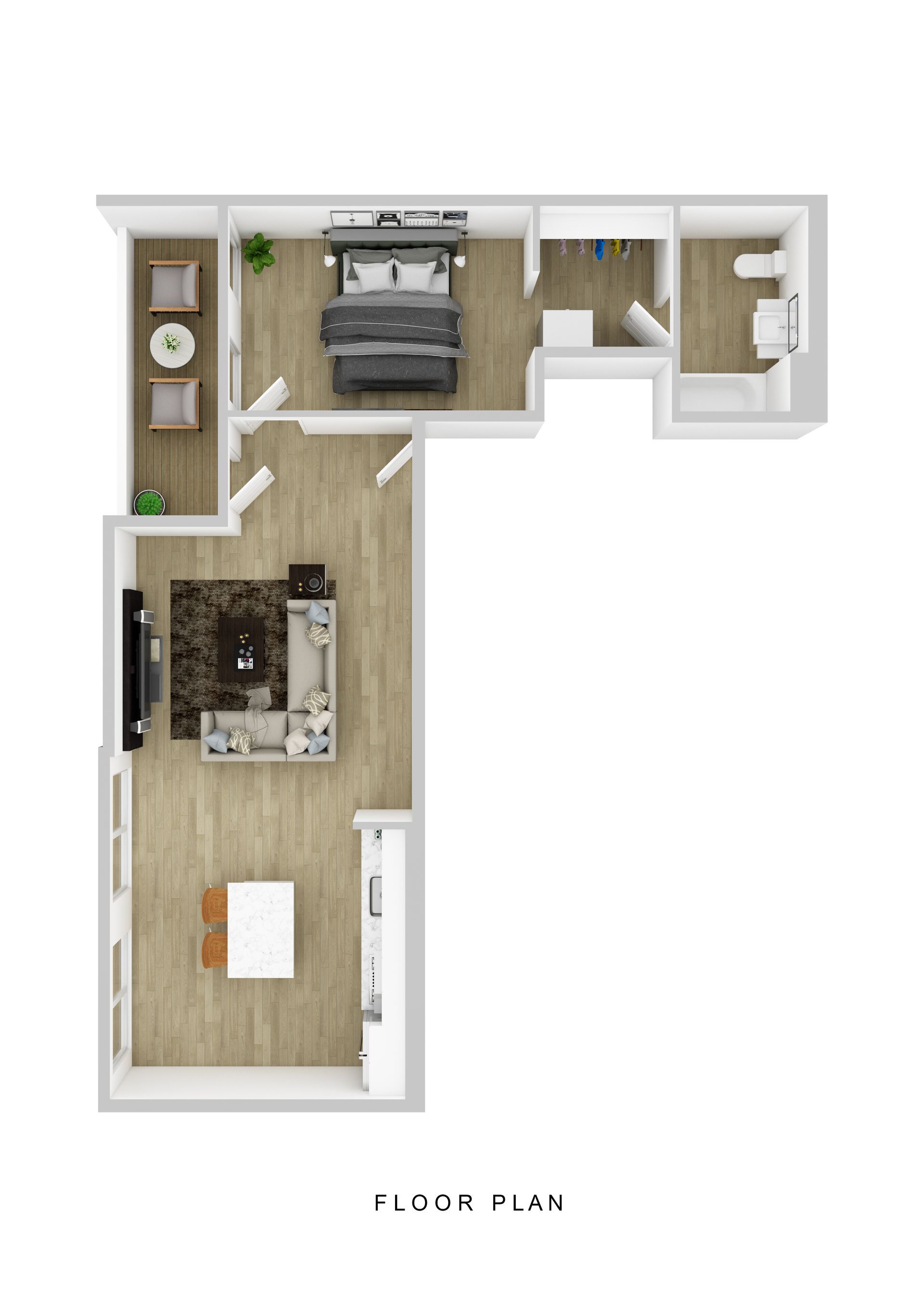 L-shaped apartment floor plan with one bedroom, one bathroom, a walk-in closet, and an open-concept kitchen and living area.