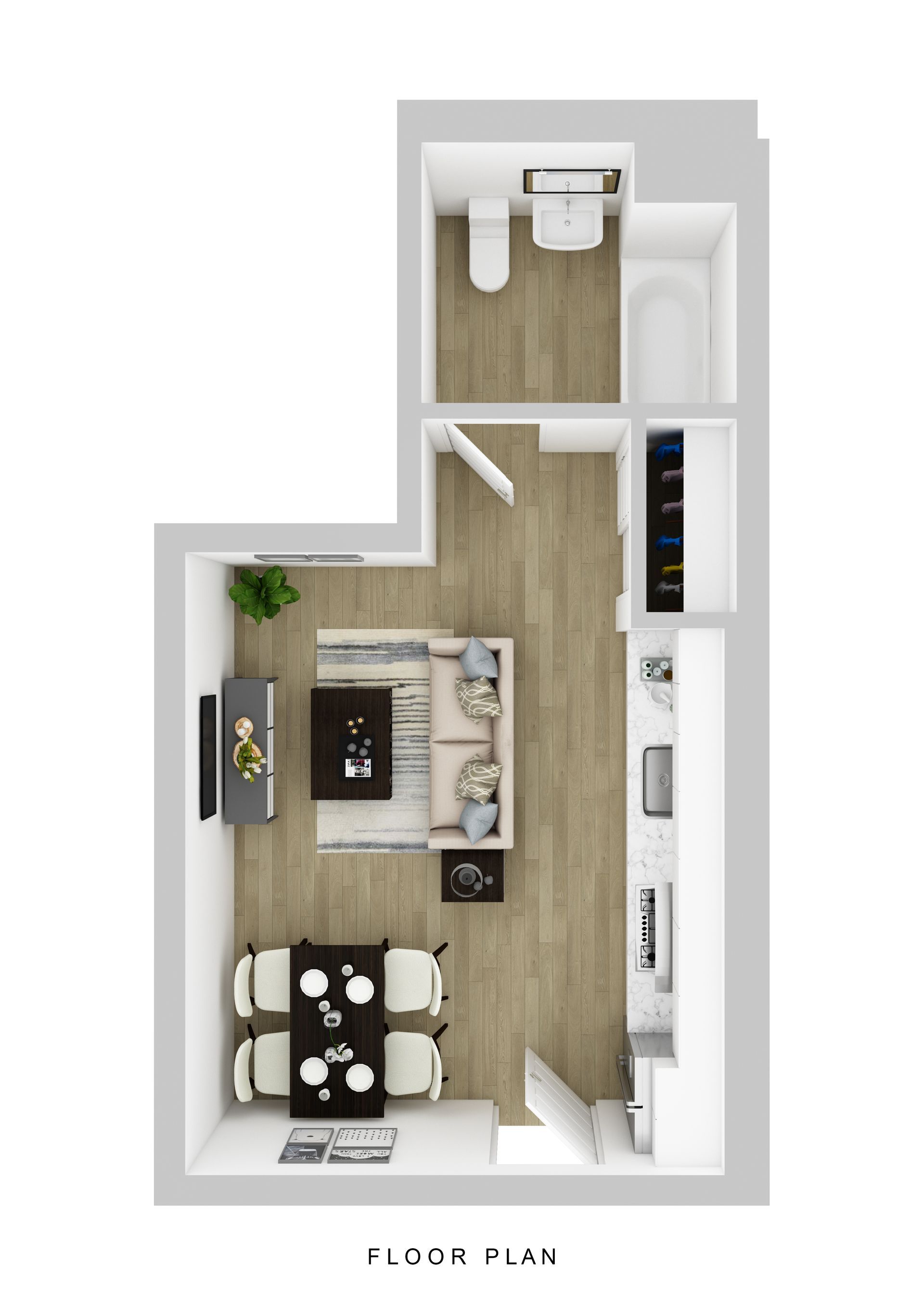 Top-down 3D floor plan of a small studio apartment featuring a combined living/dining area, kitchenette, and a bathroom.