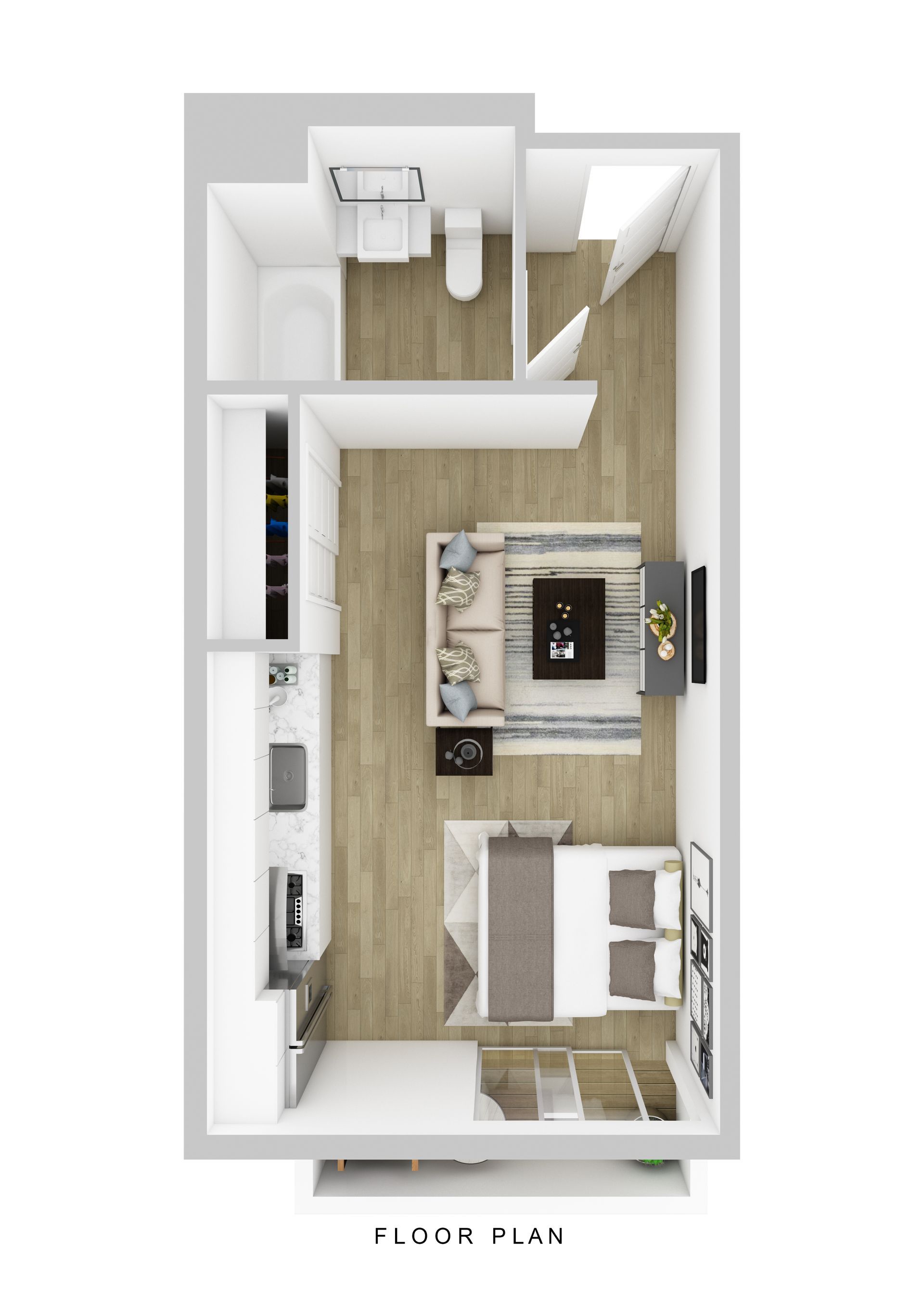 Top-down 3D floor plan of a studio apartment with a kitchen, living area, sleeping space, and full bathroom.