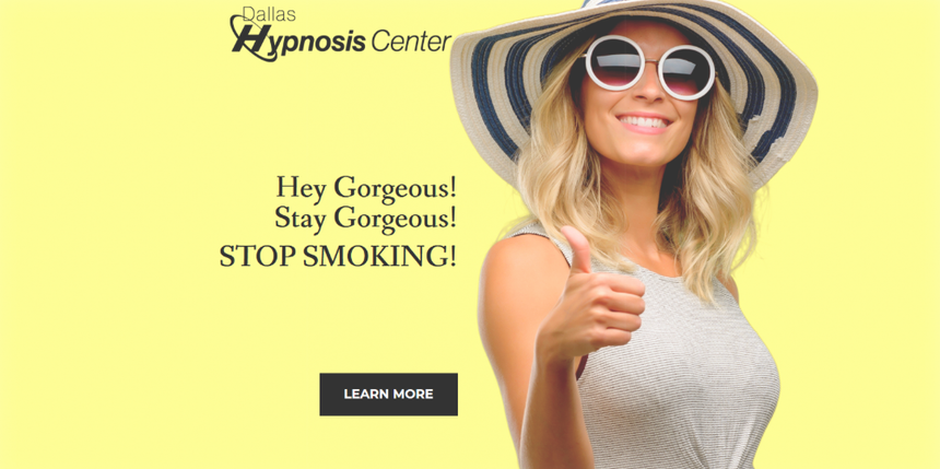 SmileCare Center ad with woman in sunglasses and sunhat; text says “Hey Gorgeous! Say Goodbye! STOP SMOKING!”