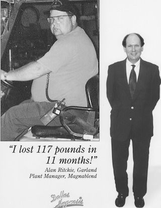 Before-and-after weight loss photos of a man; caption reads, “I lost 117 pounds in 11 months!”