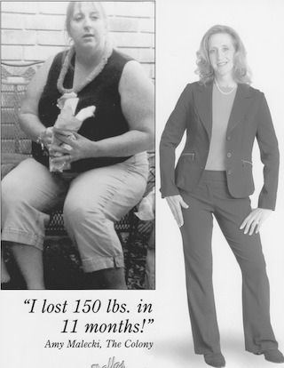 Before-and-after weight loss photo: seated woman, then standing in a suit, with “I lost 150 lbs. in 11 months!” text.