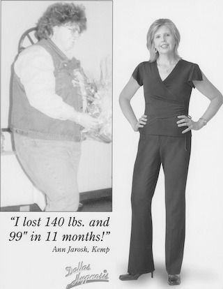 Before-and-after weight-loss ad showing a side-view man and a smiling woman in dark scrubs.