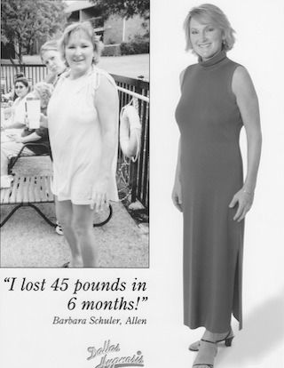 Weight loss ad: woman on deck in sleeveless dress, text “I lost 45 lbs in 6 months.”