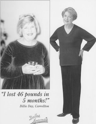 Split-panel ad showing a smiling woman before and after weight loss, with quote “I lost 46 pounds in 5 months.”