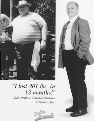 Before-and-after weight loss ad showing a man in casual clothes, with text: “I lost 201 lbs. in 13 months!”