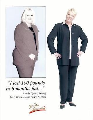 Before-and-after weight loss ad with a woman in dark clothing; text says she lost 100 pounds in 6 months.