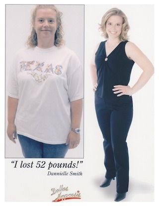 Before-and-after weight loss photo of a woman in casual clothes and black outfit, captioned