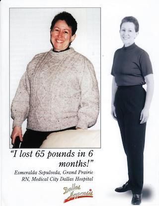 Before-and-after weight loss ad: smiling woman in sweater beside slimmer woman in black outfit.
