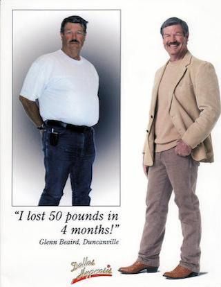 Before-and-after weight loss ad: same man in white shirt and jeans, then tan blazer and slacks, with quote.