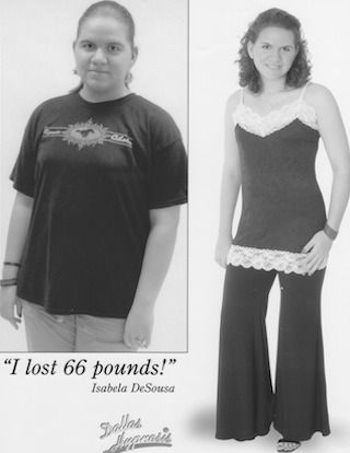 Before-and-after weight-loss comparison of the same person, showing a slimmer pose and text: