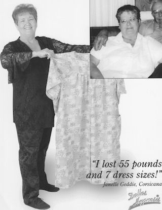 Woman holds up oversized dress; inset shows her in a smaller shirt after weight loss.