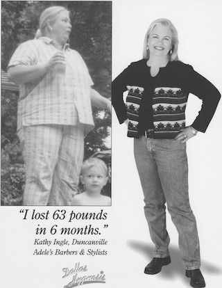 Before-and-after weight loss ad: woman in jeans and sweater, with quote “I lost 63 pounds in 6 months.”