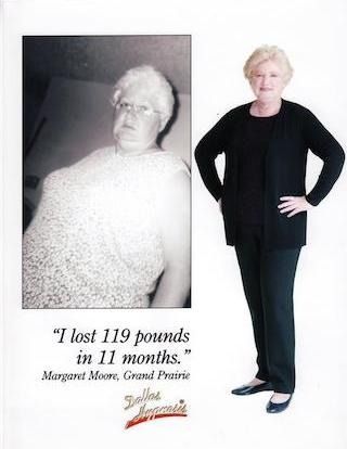 Before-and-after weight loss ad: woman shown at a larger size and standing slim in black clothing.