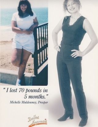 Before-and-after weight-loss ad with two photos of a woman and text: “I lost 70 pounds in 5 months.”