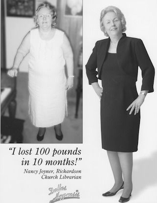 Before-and-after weight loss ad: same woman in white dress and black suit, with text “I lost 100 pounds in 10 months.”