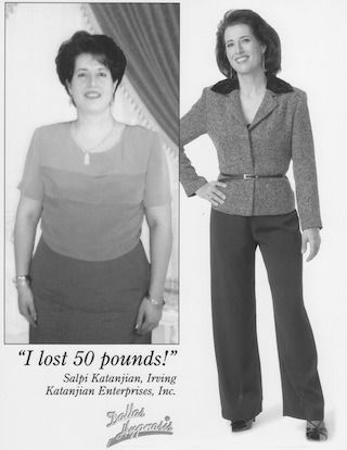 Before-and-after ad: woman’s weight-loss transformation, showing a fuller figure and a slimmer standing pose.