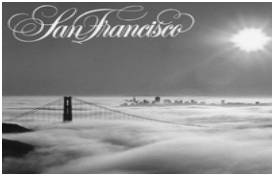San Francisco skyline above fog with the Golden Gate Bridge and bright sun