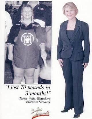 Before-and-after weight-loss ad: same person in black T-shirt, then in navy suit, with “I lost 70 pounds in 3 months!”