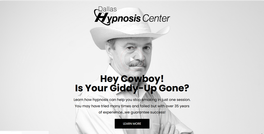 Hypnosis Center promo with cowboy in white hat and text, “Hey Cowboy! Is Your Giddy-Up Gone?”