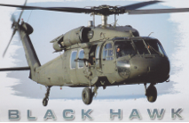 Military helicopter in flight with “BLACK HAWK” text below