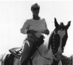 Person riding a horse outdoors, holding the reins in a sunny field