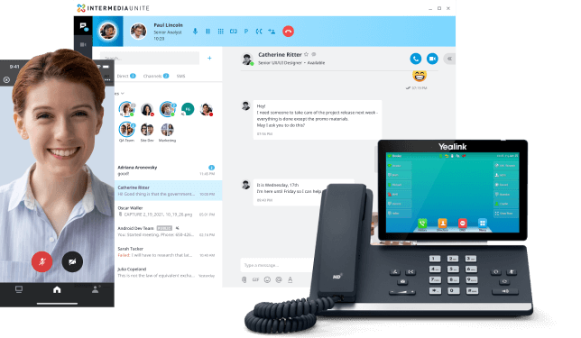 A woman is talking on a video call with a phone and a tablet.