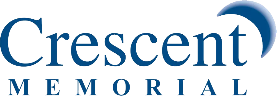 Crescent Memorial logo in blue serif text with a crescent moon above the word Memorial