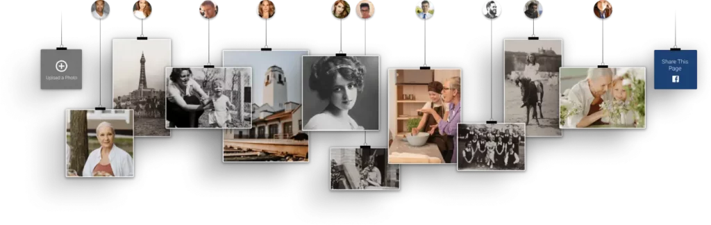 Collage of black-and-white and color framed photos hanging on a white wall with small pendant lights above