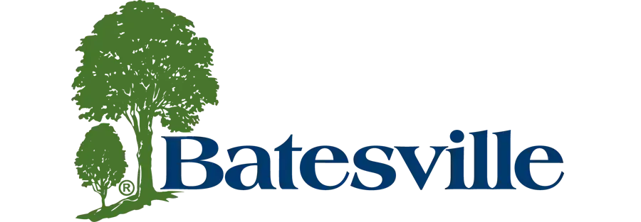 Batesville logo with blue text and green tree silhouette