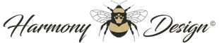 A logo for harmony design with a bee on it