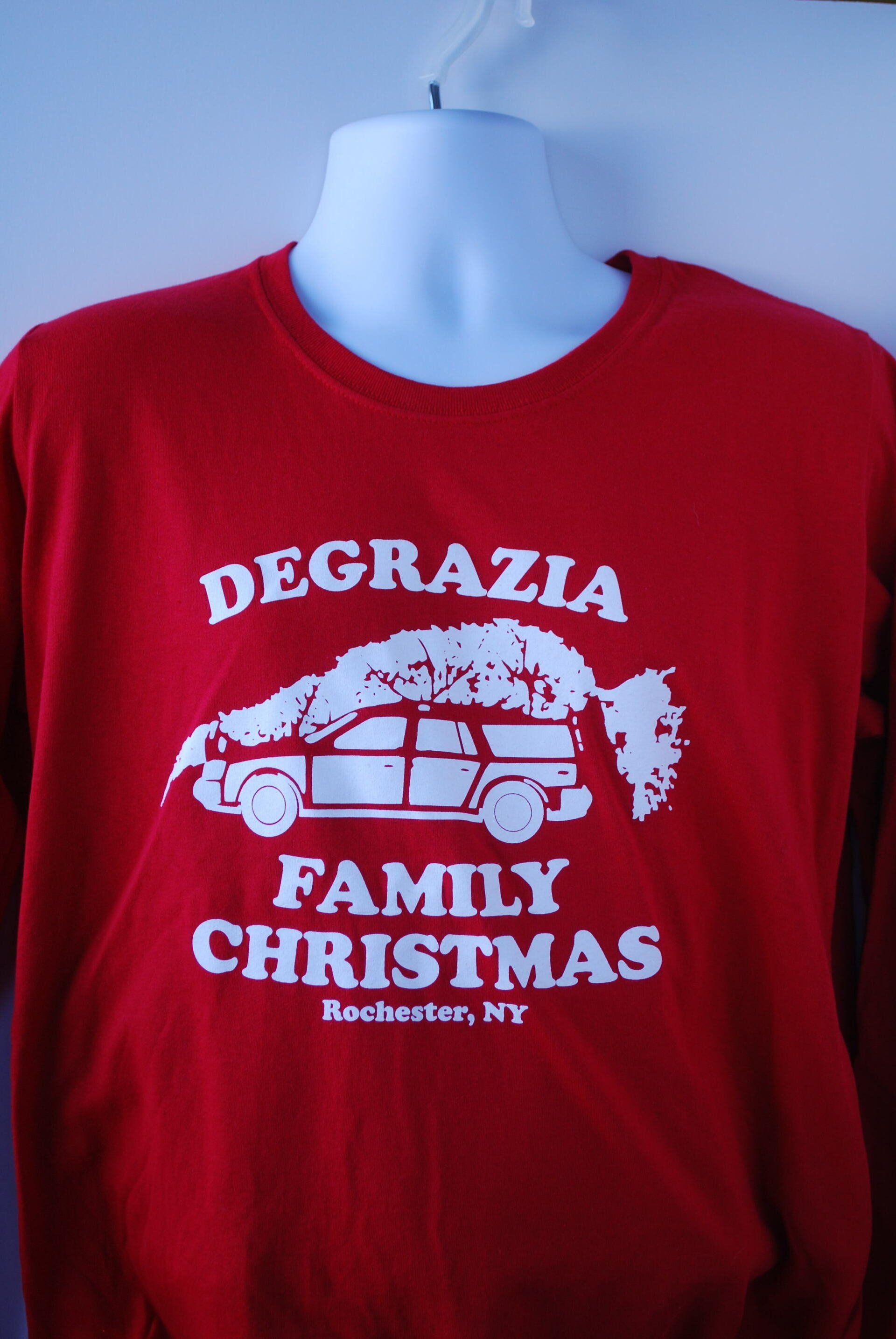Degrazia Family Christmas screenprinted on a red shirt