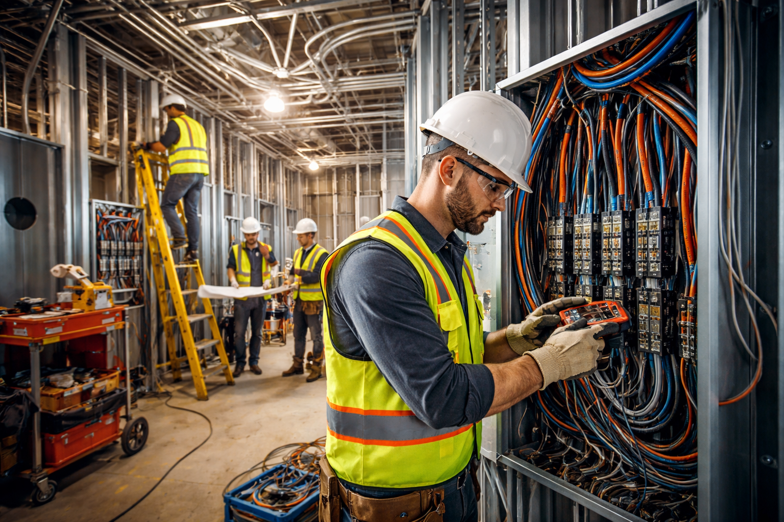 Technician in a hard hat inspects wiring in an industrial electrical room.