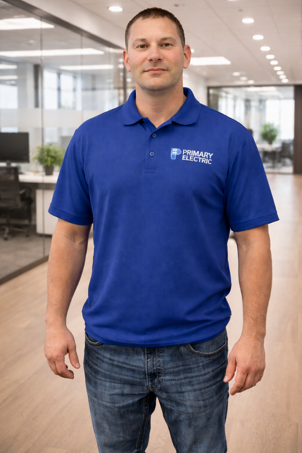 Man standing in a blue polo and jeans in a bright office hallway