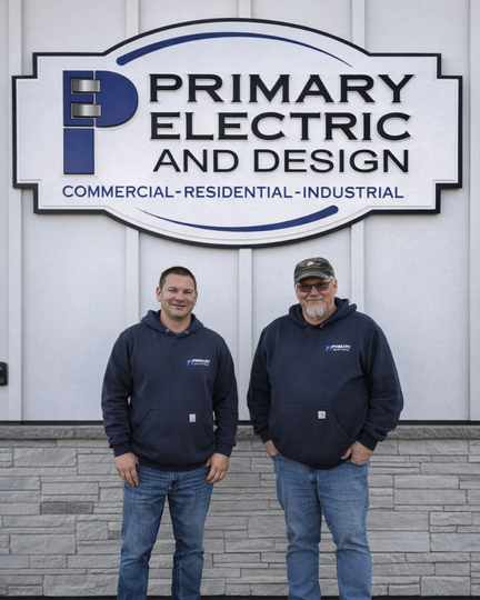 Two men standing in front of a Primary Electric and Design sign on a building exterior.