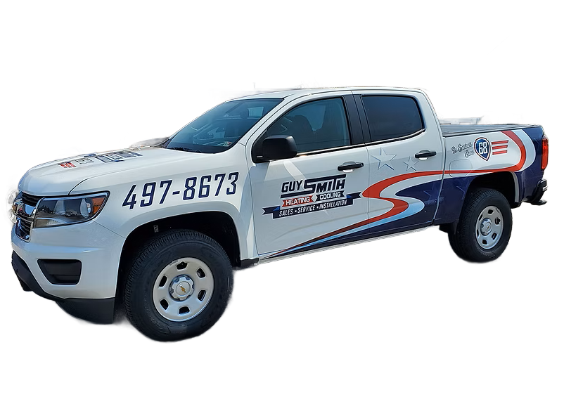White service truck with logo and phone number, parked outdoors. White service truck with logo and phone number, parked outdoors.