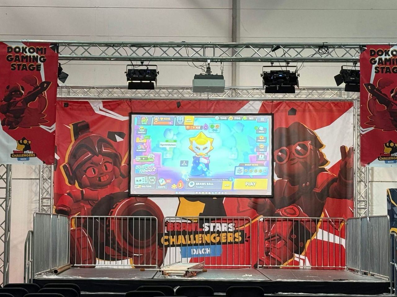 Stage with trusses, lighting and screen after setup